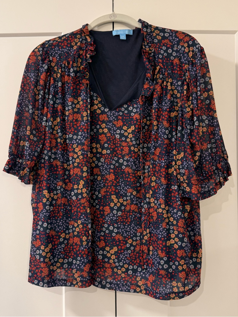 Draper James Navy Floral Ruffle Blouse